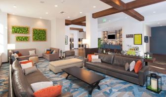 Lobby and coworking lounge at Hilton Garden Inn Burbank Downtown.