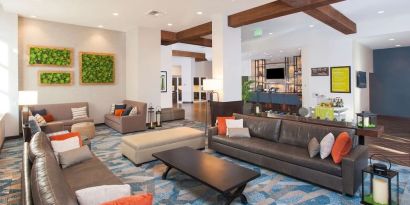 Lobby and coworking lounge at Hilton Garden Inn Burbank Downtown.