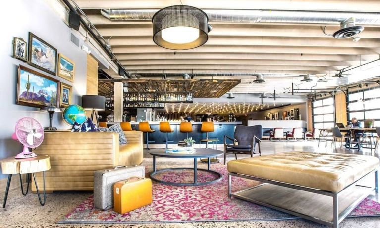 Lobby and coworking lounge at Moxy Phoenix Tempe/ASU Area.