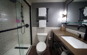 Guest bathroom with shower at Moxy Phoenix Tempe/ASU Area.