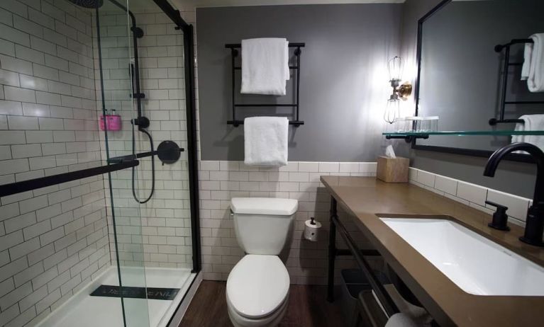 Guest bathroom with shower at Moxy Phoenix Tempe/ASU Area.