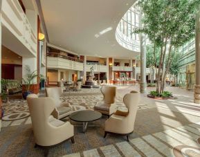 Lobby and coworking lounge at Hilton Boston Logan Airport.