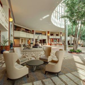 Lobby and coworking lounge at Hilton Boston Logan Airport.