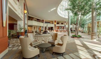 Lobby and coworking lounge at Hilton Boston Logan Airport.