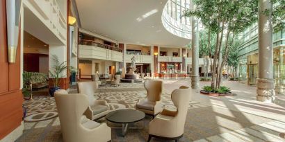 Lobby and coworking lounge at Hilton Boston Logan Airport.