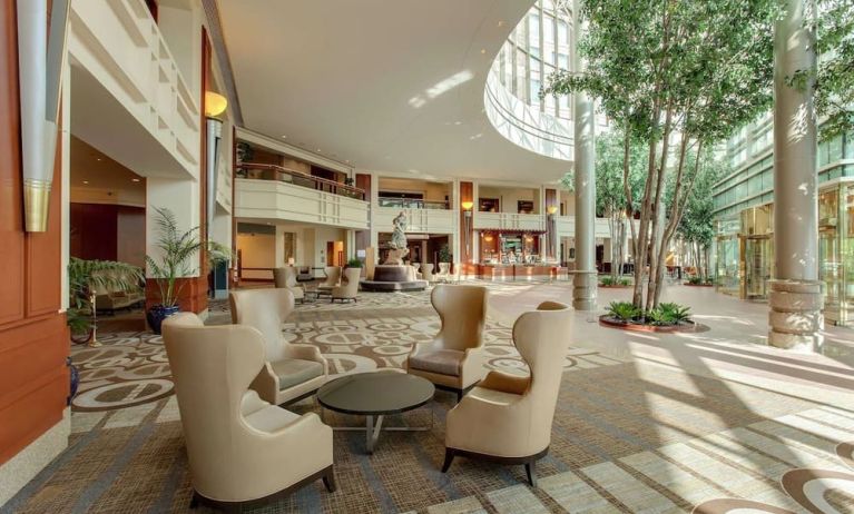 Lobby and coworking lounge at Hilton Boston Logan Airport.