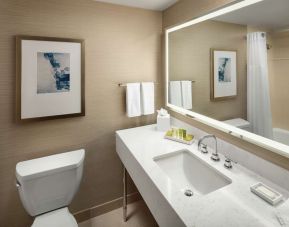 Guest bathroom with shower and tub at Hilton Boston Logan Airport.