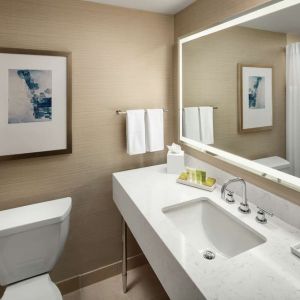 Guest bathroom with shower and tub at Hilton Boston Logan Airport.