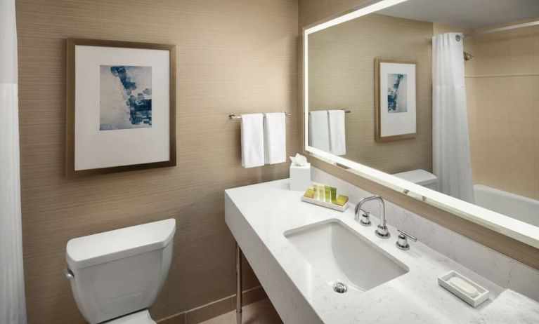 Guest bathroom with shower and tub at Hilton Boston Logan Airport.