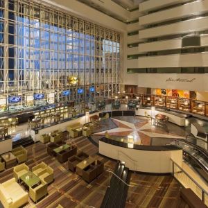 Lobby and coworking lounge at Hyatt Regency Dallas.