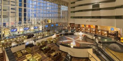 Lobby and coworking lounge at Hyatt Regency Dallas.