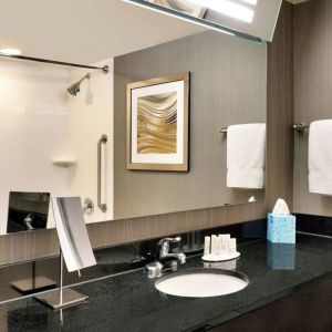 Guest bathroom with shower at Courtyard By Marriott Charlotte Airport/Billy Graham Parkway.