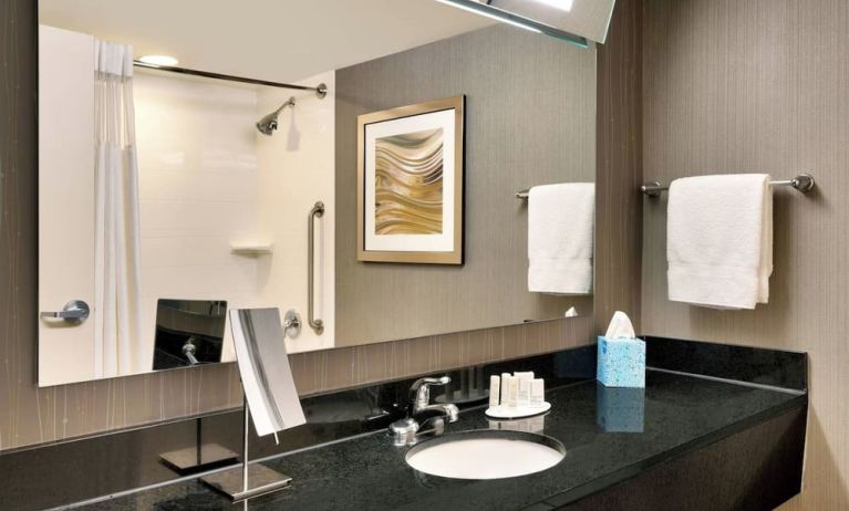 Guest bathroom with shower at Courtyard By Marriott Charlotte Airport/Billy Graham Parkway.