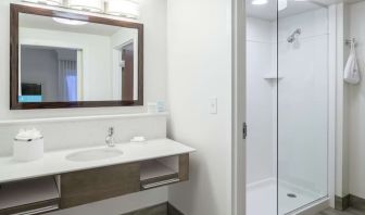 Guest bathroom with shower at Hampton Inn & Suites Atlanta Perimeter Dunwoody.