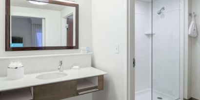 Guest bathroom with shower at Hampton Inn & Suites Atlanta Perimeter Dunwoody.