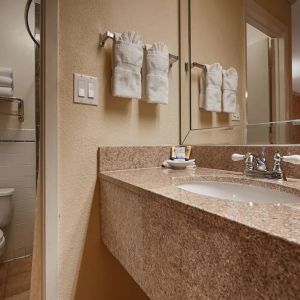 Guest bathroom with shower at Best Western Pearland Inn.