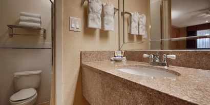 Guest bathroom with shower at Best Western Pearland Inn.