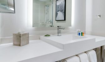 Guest bathroom with shower at Radisson Hotel Sunnyvale Silicon Valley.