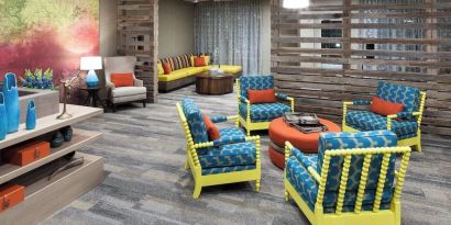 Lobby and coworking lounge at Courtyard By Marriott Fort Worth Historic Stockyards.