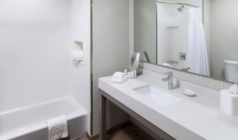 Guest bathroom with shower and tub at Courtyard By Marriott Fort Worth Historic Stockyards.