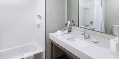 Guest bathroom with shower and tub at Courtyard By Marriott Fort Worth Historic Stockyards.