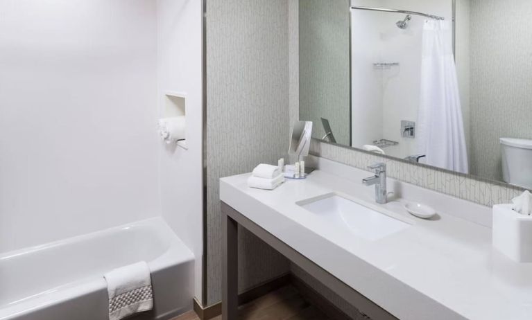 Guest bathroom with shower and tub at Courtyard By Marriott Fort Worth Historic Stockyards.