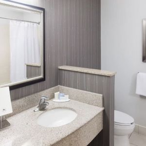 Guest bathroom with shower at Courtyard By Marriott Hattiesburg.