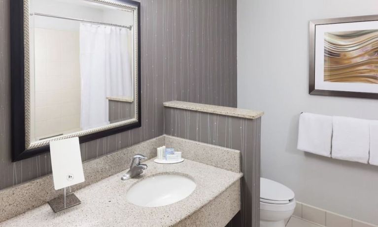 Guest bathroom with shower at Courtyard By Marriott Hattiesburg.