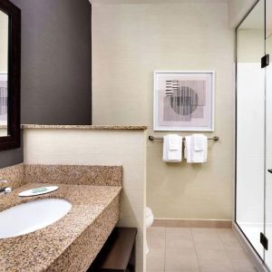 Guest bathroom with shower at Courtyard By Marriott Houston NASA/Clear Lake.