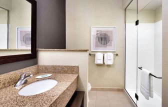 Guest bathroom with shower at Courtyard By Marriott Houston NASA/Clear Lake.