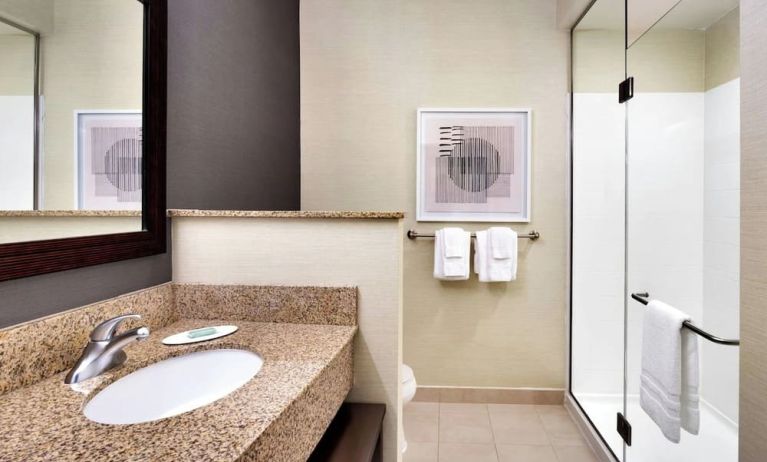 Guest bathroom with shower at Courtyard By Marriott Houston NASA/Clear Lake.