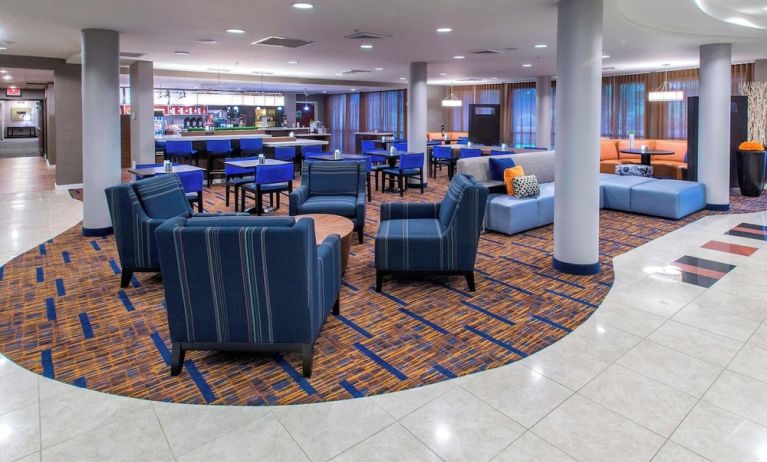 Lobby and coworking lounge at Courtyard By Marriott Montgomery Prattville.