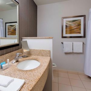 Guest bathroom with shower and tub at Courtyard By Marriott Montgomery Prattville.