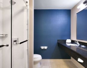 Guest bathroom with shower at Fairfield Inn & Suites By Marriott Albany.