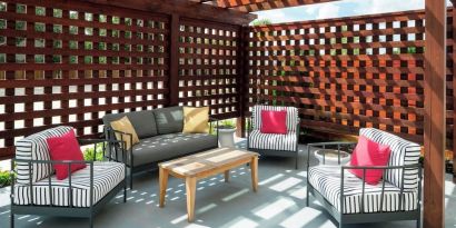 Outdoor furniture perfect for coworking at Fairfield Inn & Suites By Marriott Houston Pasadena.