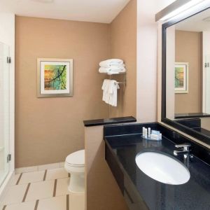 Guest bathroom with shower at Fairfield Inn & Suites By Marriott Houston Pasadena.