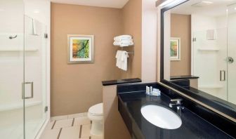 Guest bathroom with shower at Fairfield Inn & Suites By Marriott Houston Pasadena.