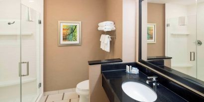 Guest bathroom with shower at Fairfield Inn & Suites By Marriott Houston Pasadena.