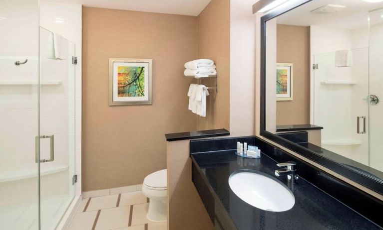 Guest bathroom with shower at Fairfield Inn & Suites By Marriott Houston Pasadena.