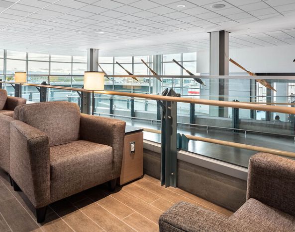 Comfortable seating at Plaza Premium Lounge, Domestic Gate C29 (YVR).