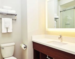 Guest bathroom with shower at Holiday Inn Express & Suites Corona.