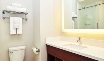 Guest bathroom with shower at Holiday Inn Express & Suites Corona.