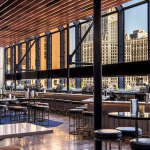 Hotel bar with natural light at Hyatt Regency Chicago.