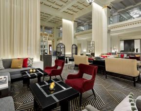 Lobby and coworking lounge at Hilton Boston Park Plaza.