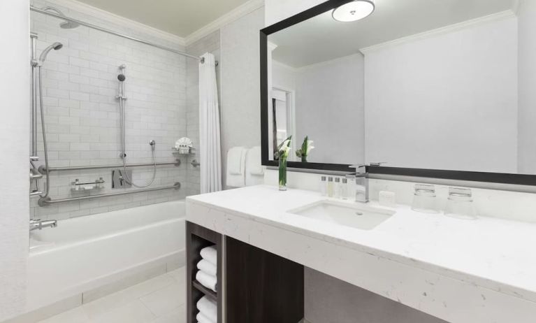 Guest bathroom with shower and tub at Hilton Boston Park Plaza.