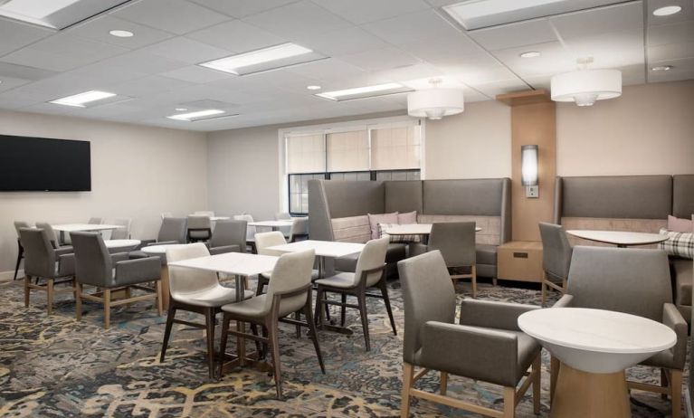 Lobby and coworking lounge at Residence Inn Kansas City Overland Park.