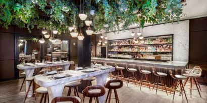 Dining area perfect for coworking at The James New York, NoMad.