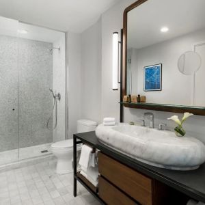 Private guest bathroom with shower at The James New York, NoMad.