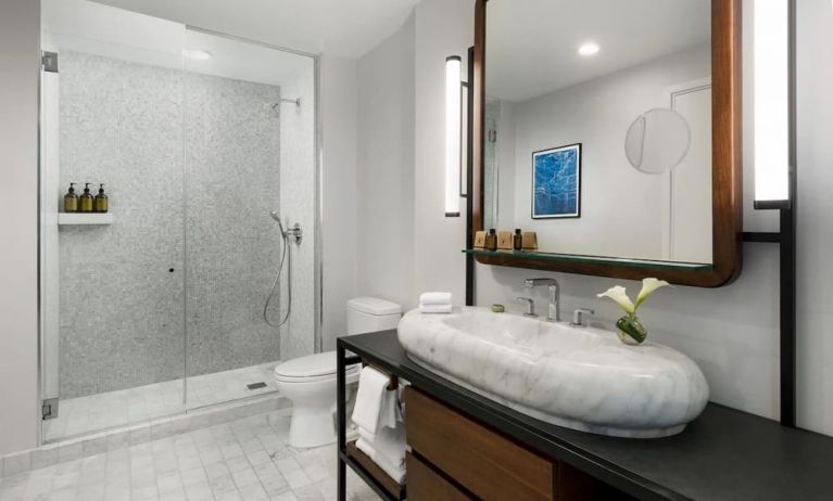 Private guest bathroom with shower at The James New York, NoMad.