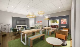 Lounge and coworking space at Spark By Hilton Houston Hobby Airport.